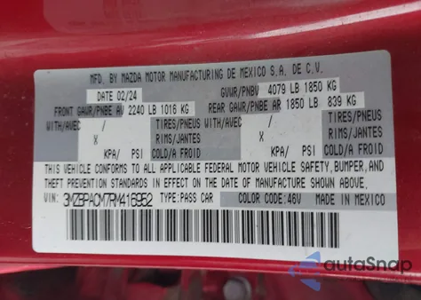 2024 Mazda Mazda3 2.5 S Preferred z USA, uszkodzony, nr VIN 3MZBPACM7RM416952